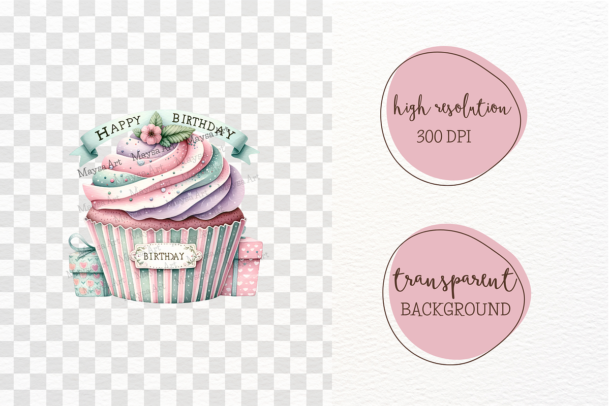 Birthday Cupcake Watercolor Clipart, a Decorative Illustration by Maysa Art (Photo 4 of 4)