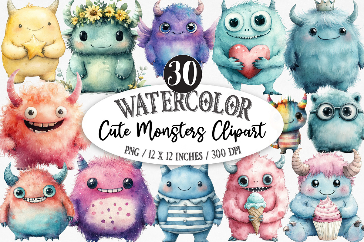 Cute Monsters Watercolor Clipart, an Illustration by Designking (Photo 1 of 5)