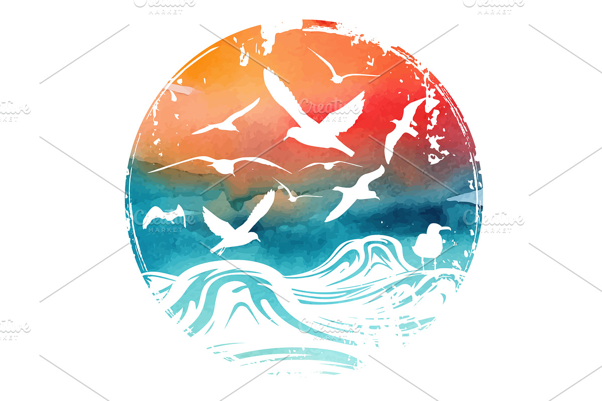 Abstract sea waves with seagulls, an Illustration by Nenahliadava Design