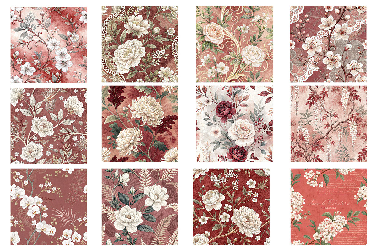 Red Vintage Floral Chinoiserie, a Pattern Graphic by Wow Magic (Photo 2 of 2)