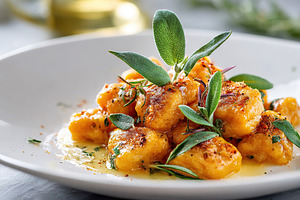 Delicious homemade gnocchi with fresh herbs served on a white plate, a Photo by AlyaAnd