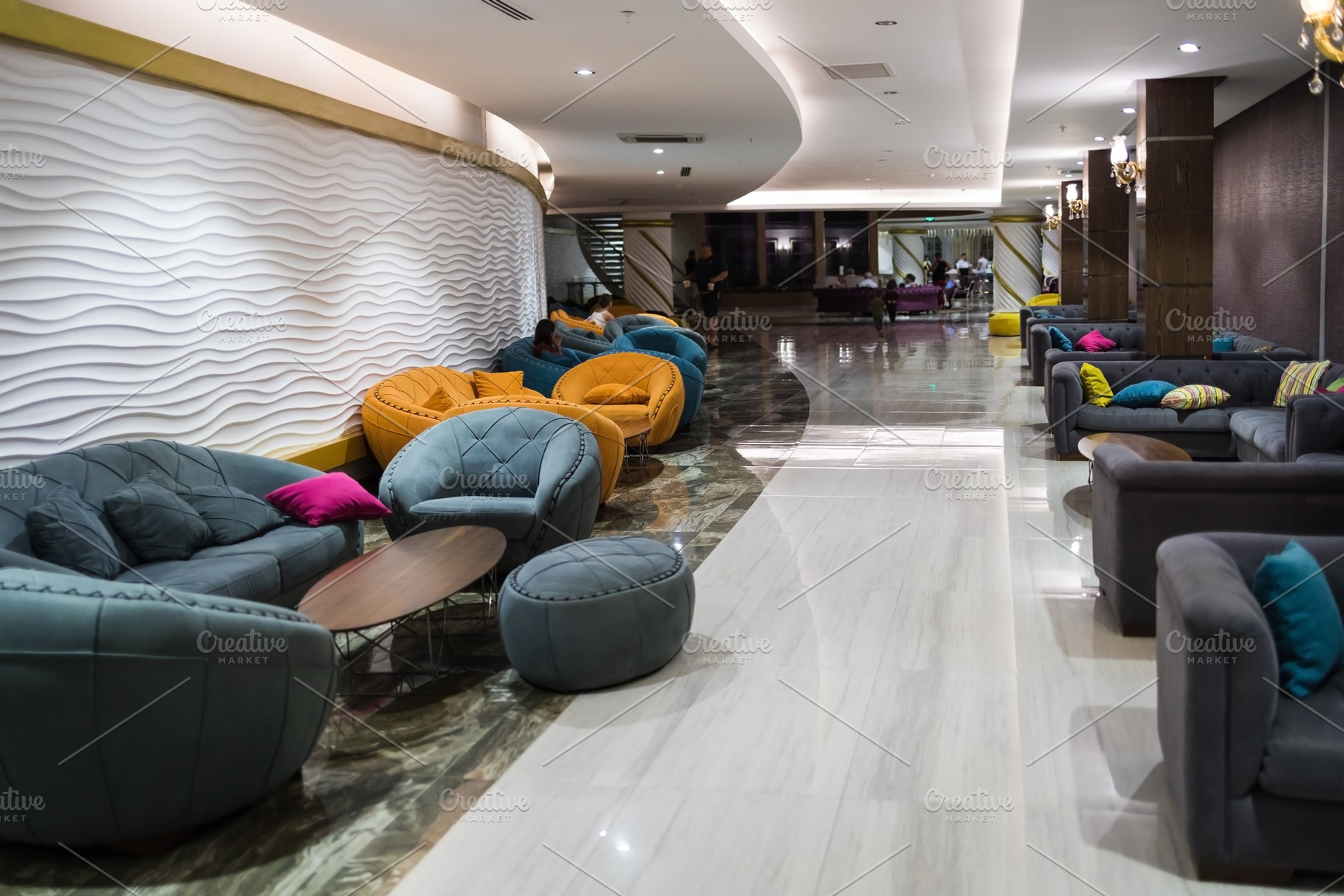 a variety of modern style sofas in the lobby of a Turkish hotel, an Architecture Photo by TanaCh