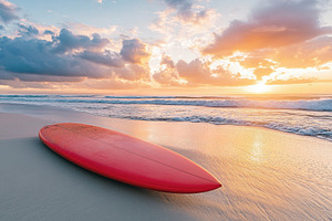 Red surfboard resting on sandy beach, a Photo by Iftikhar Alam