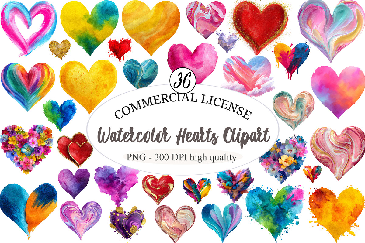 Watercolor Hearts Clipart, an Illustration by designcity5 (Photo 1 of 5)