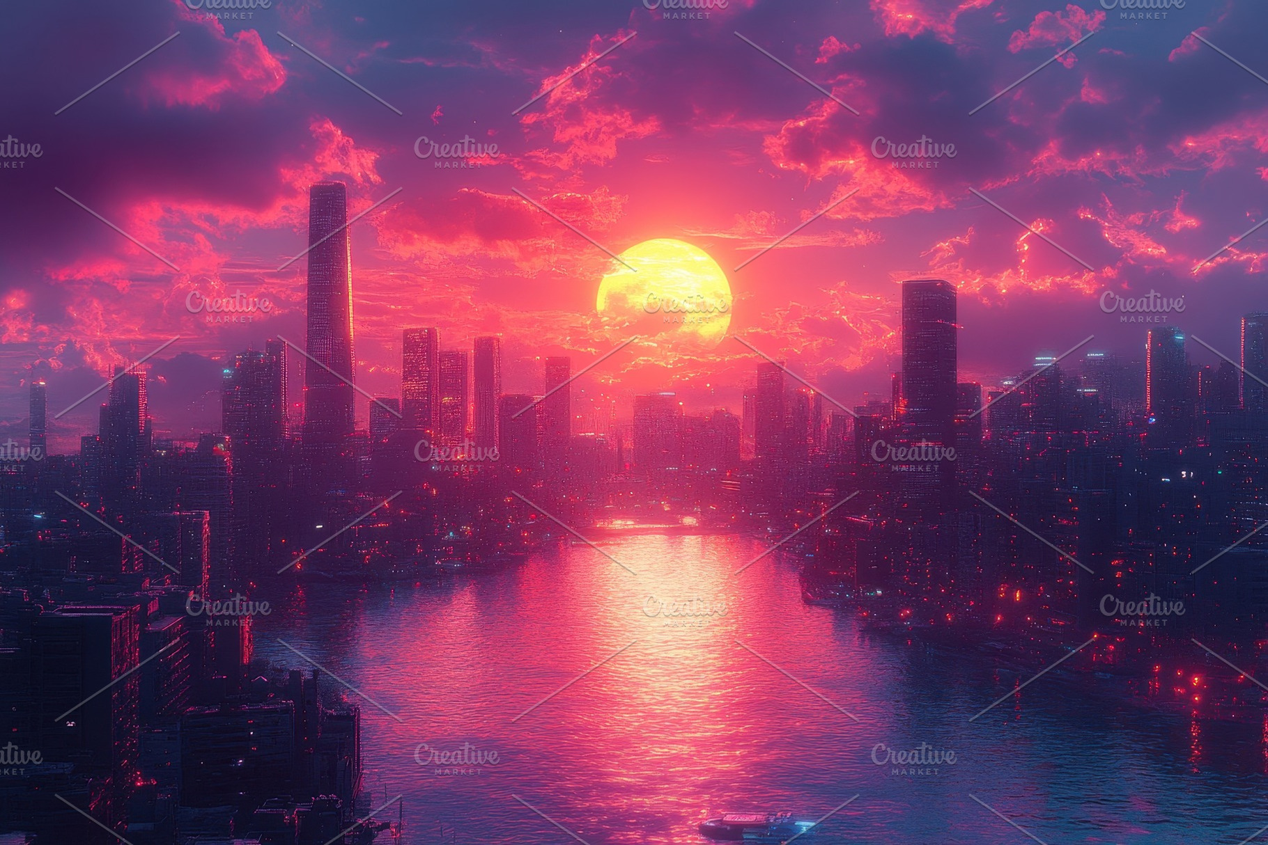 Vibrant sunset over a modern city sk, a Photo by Tanuart
