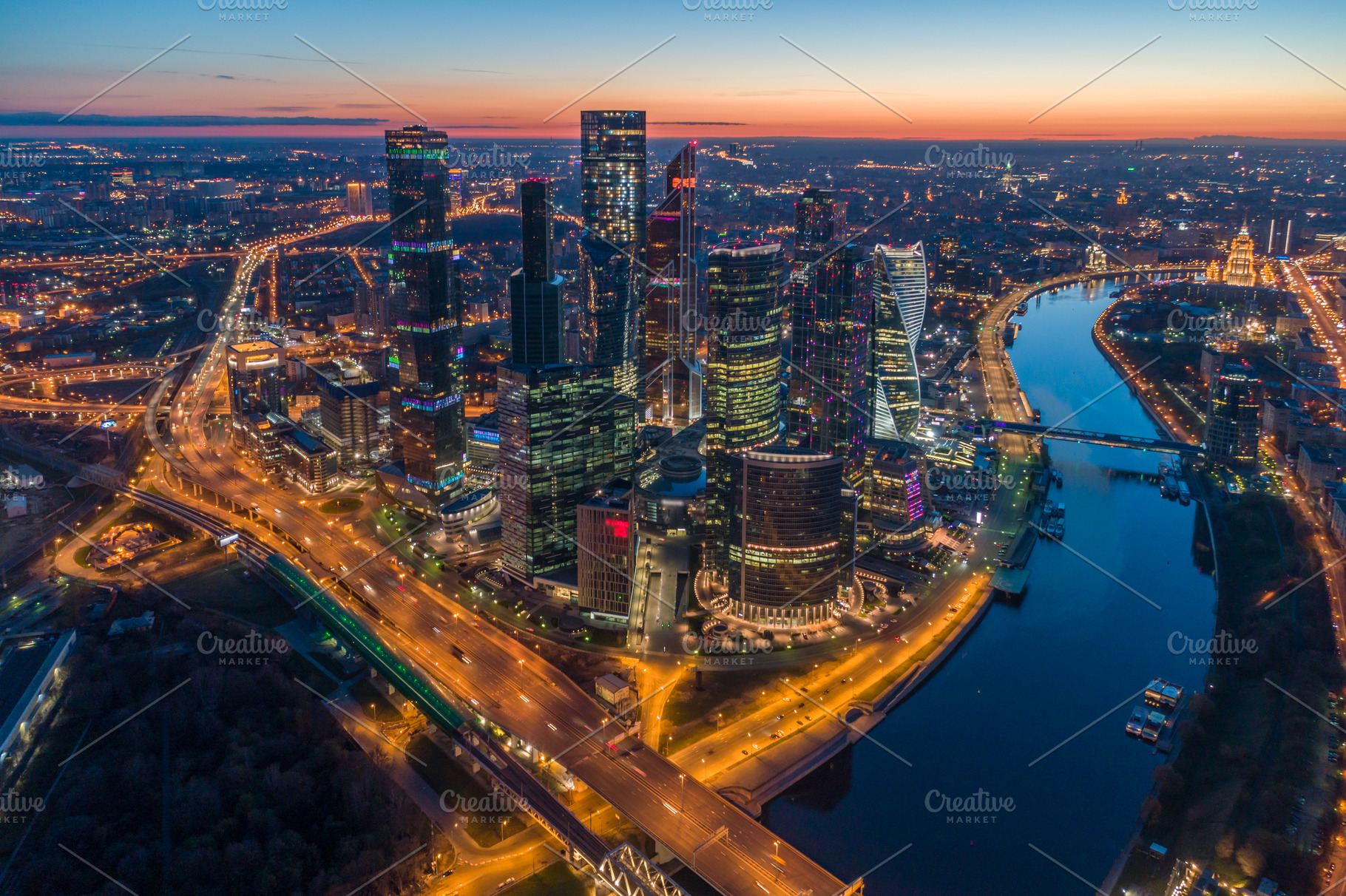 Moscow City Business Center at Sunrise. Aerial View. Russia, an Architecture Photo by WhiteMountMedia