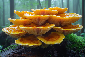 Vibrant yellow mushrooms growing on, a Photo by Tanuart