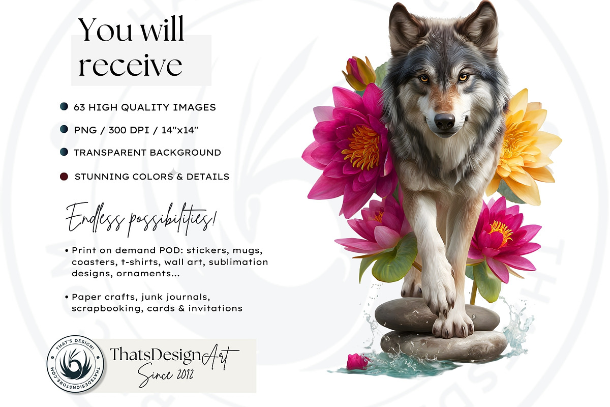 Floral Wolves Fantasy Cliparts, an Animal Illustration by ThatsDesignArt (Photo 2 of 17)