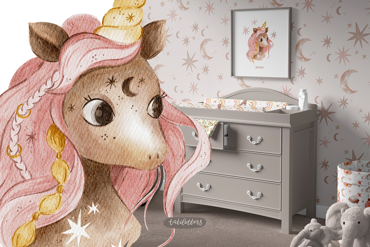 Unicorn watercolor clipart & pattern, an Animal Illustration by tatiletters (Photo 2 of 9)