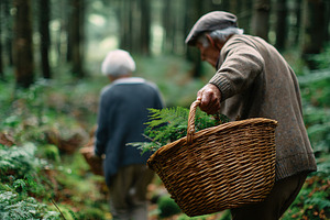 Elderly couple enjoying a peaceful walk in the forest collecting plants in spri, a Person Photo by AlyaAnd