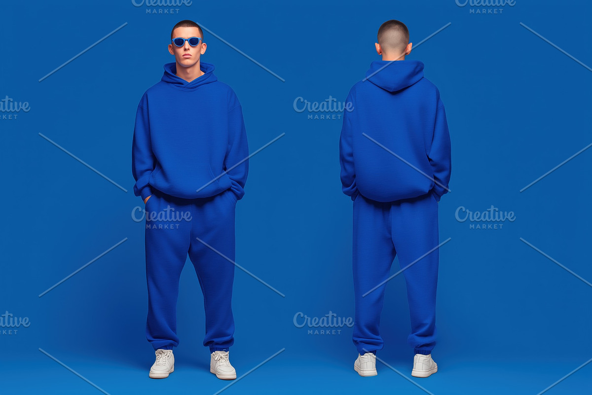 A young man wearing a blue hoodie and sweatpants sports suit mockup, standing a, a Hoody Mockup by Textures & Backgrounds