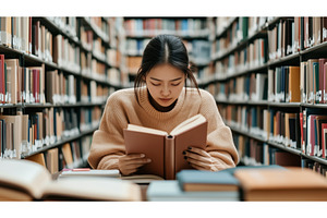 Asian woman reading a book in a, a School & Education Photo by Sergey Kotenev