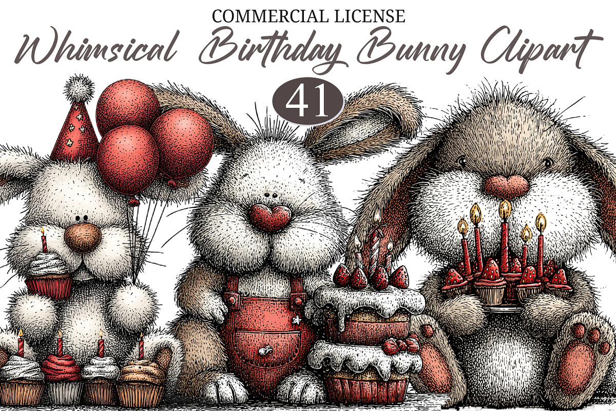Watercolor Birthday Bunny Clipart, a Seasonal Illustration by designcity5 (Photo 1 of 5)