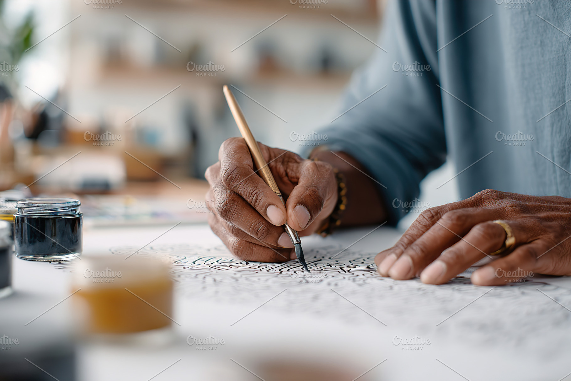 Artist creates detailed decorative lettering in a cozy studio space during dayl, a Photo by AlyaAnd