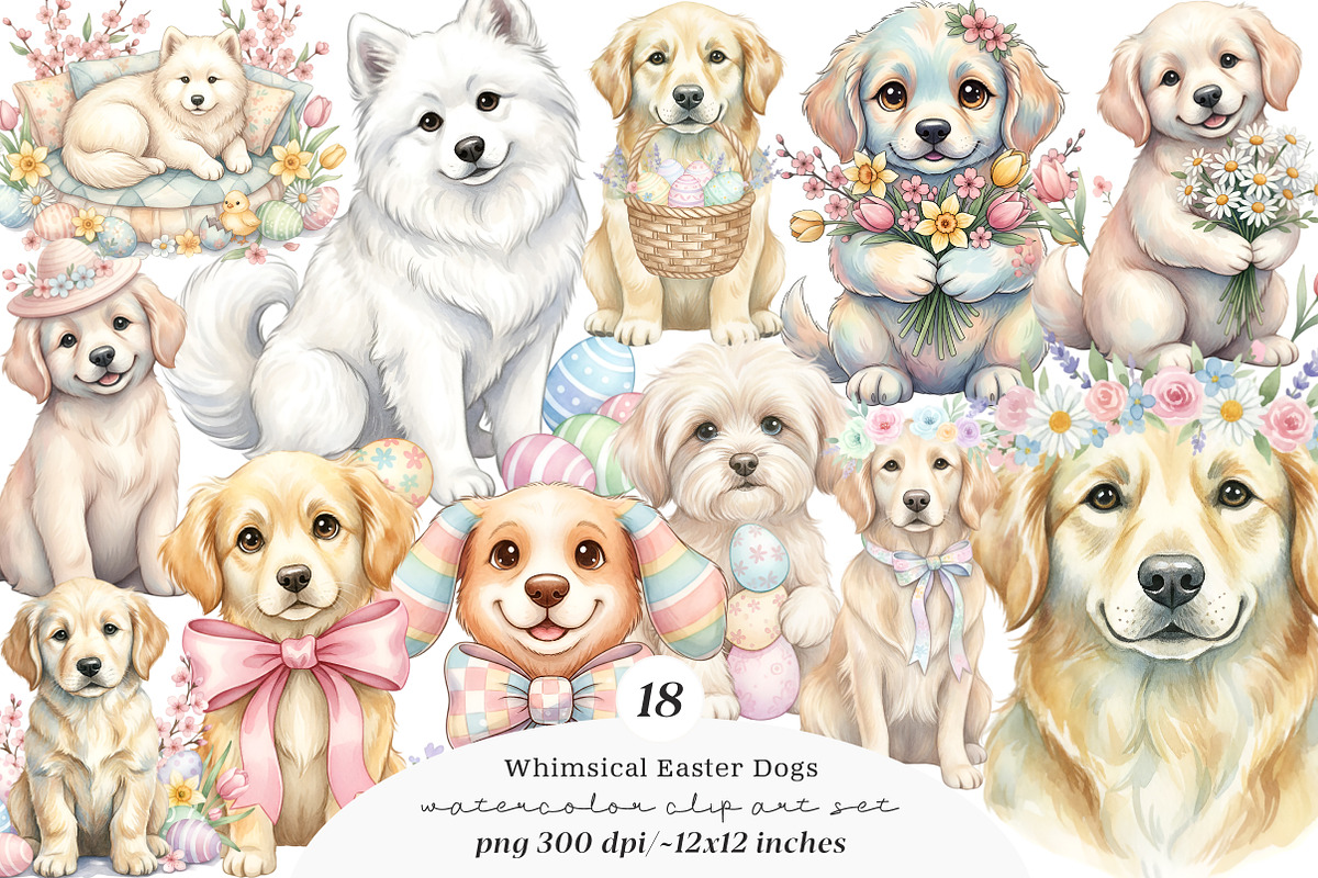 Whimsical Easter Dogs Clipart, an Illustration by SinaCreation (Photo 1 of 11)