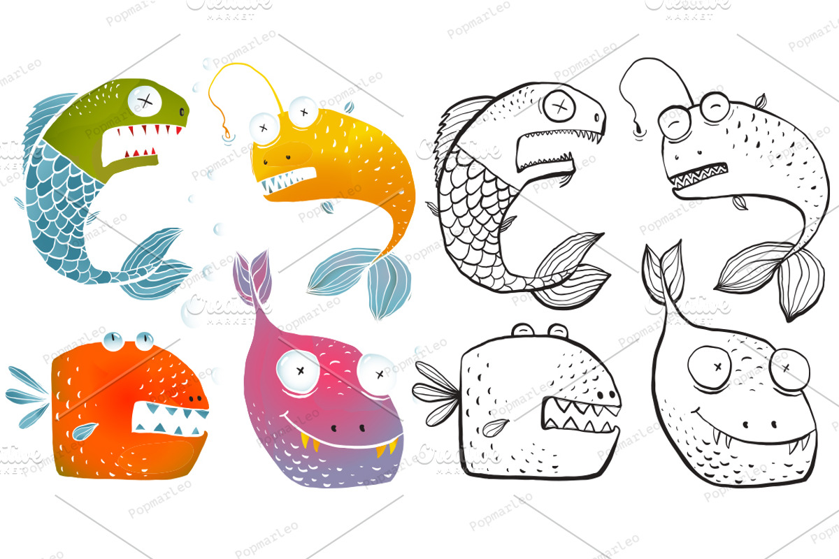 Colorful Fish Outline Cartoon, an Animal Illustration by Popmarleo Shop