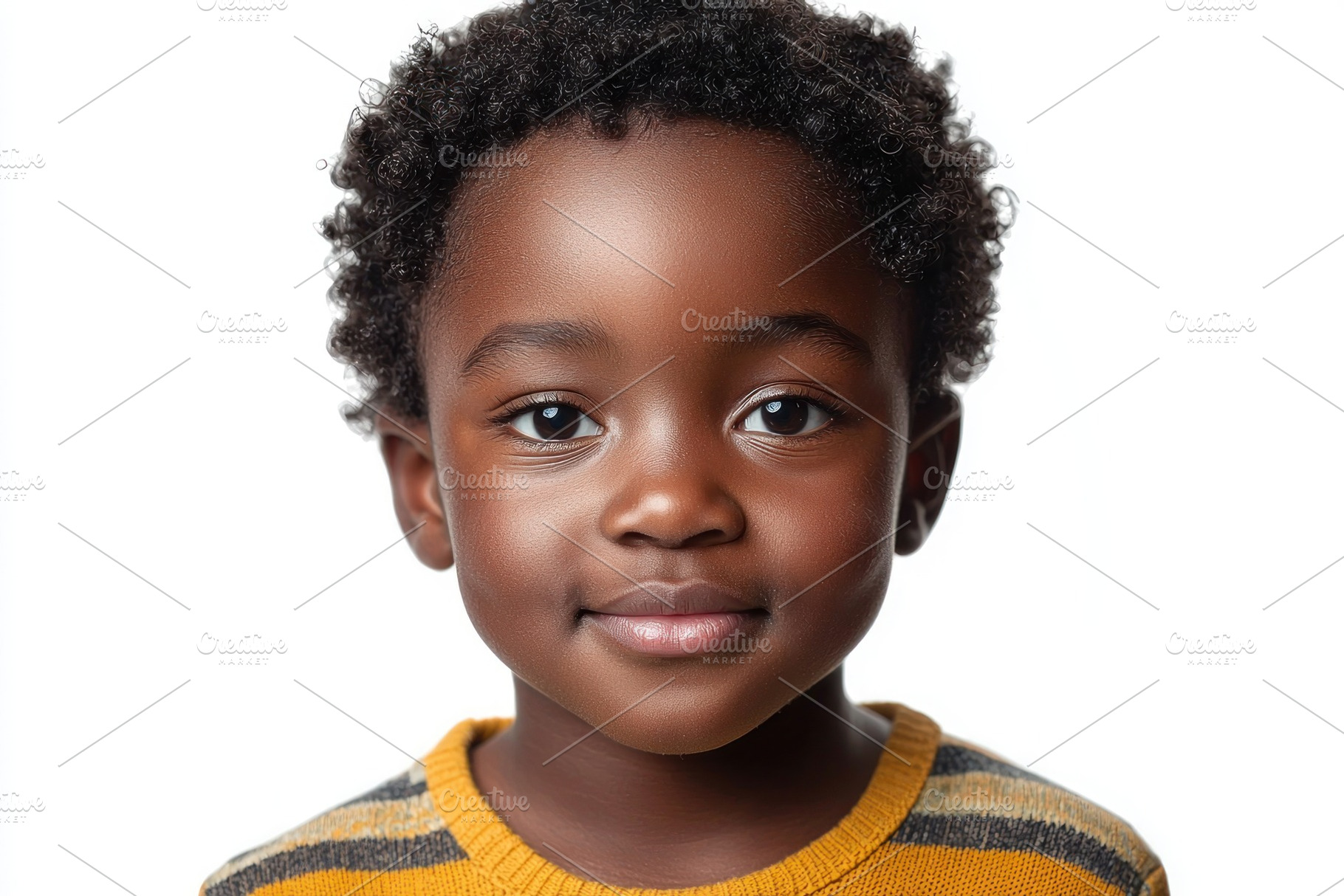 Confident young child with curly hair in striped sweater smiling, a Person Photo by José Manuel Gelpi