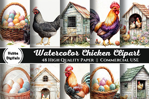 48 Watercolor Chicken Clipart, an Illustration by HubbaDigitals