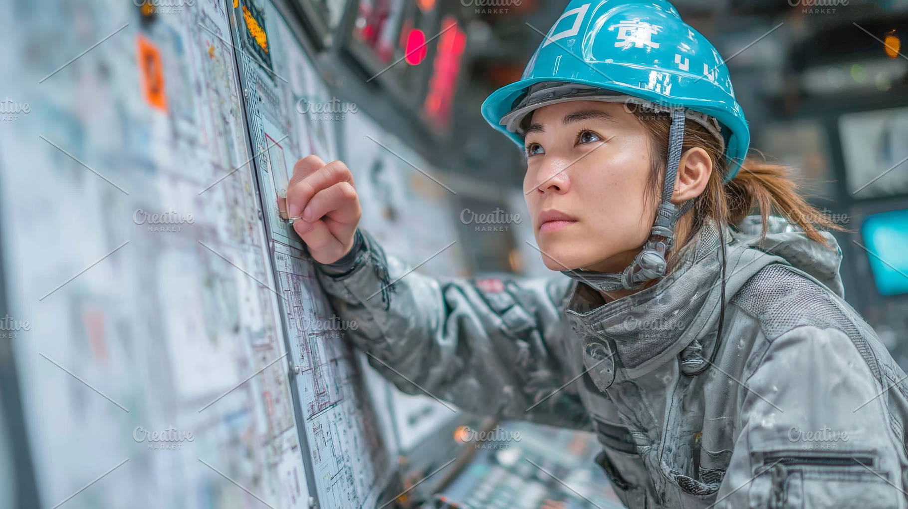 Focused asian engineer wearing helmet examining control panel in industrial env, an Industrial Photo by AS photostudio