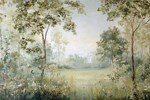 Meadow and forest trees Wallpaper, a Decorative Illustration by Virgo Studio