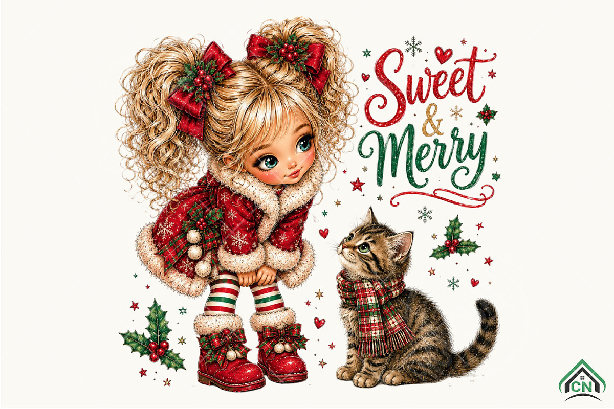 Christmas Girl & Cat Clipart PNG, a Seasonal Illustration by Craft Nest (Photo 1 of 6)