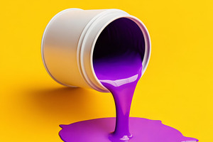 Purple Paint Pouring from a White Can on Yellow Background, an Abstract Photo by Natalia Klenova's Shop