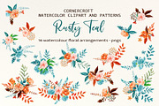 Rusty Teal Floral Clipart & Patterns, an Illustration by Corner Croft (Thumbnail 4 of 13)