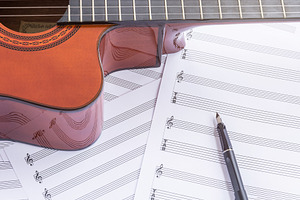 Musical instrument on wooden table stock photo containing acoustic and audio