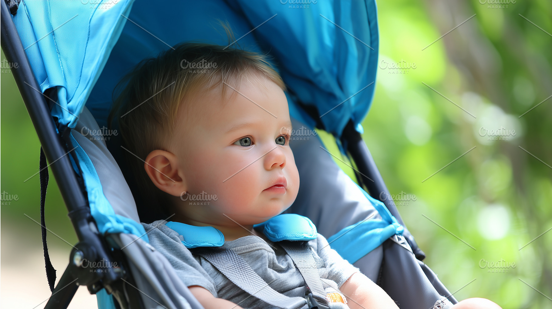 Cute baby sitting in a blue stroller, a Person Photo by MistyDay