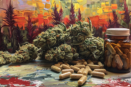 Medical marijuana buds and capsules with artistic background, a Photo by AS photostudio