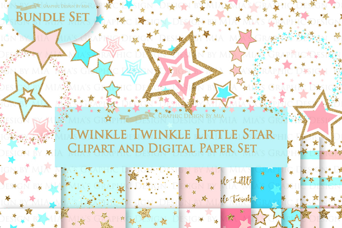 Pink Light Blue Gold Stars, a Texture Illustration by Mia's Graphic Design (Photo 1 of 9)