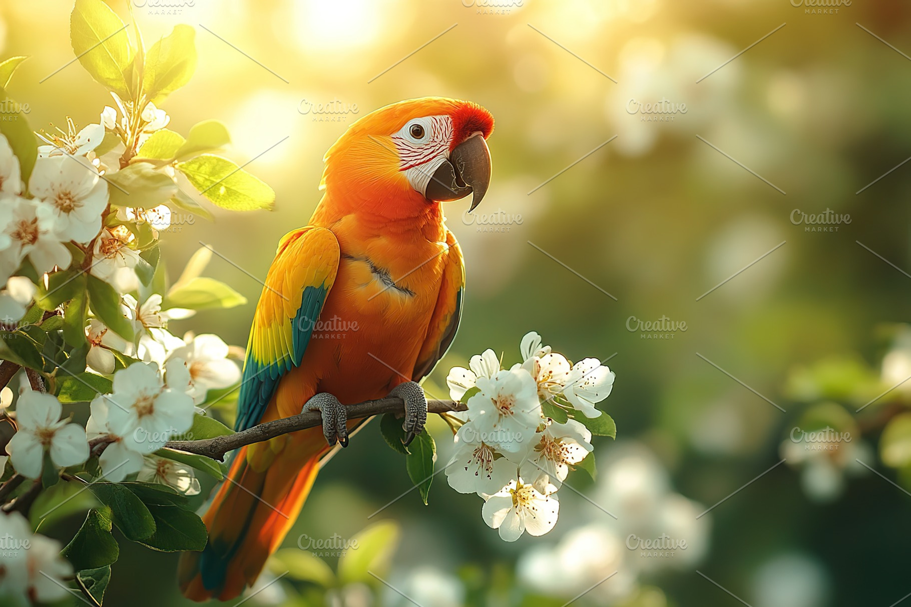 Macaw parrot sitting on a flowering tree branch, an Animal Photo by AlyaAnd