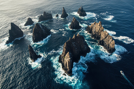 Aerial view showcases rugged rocky i, a Photo by Tanuart