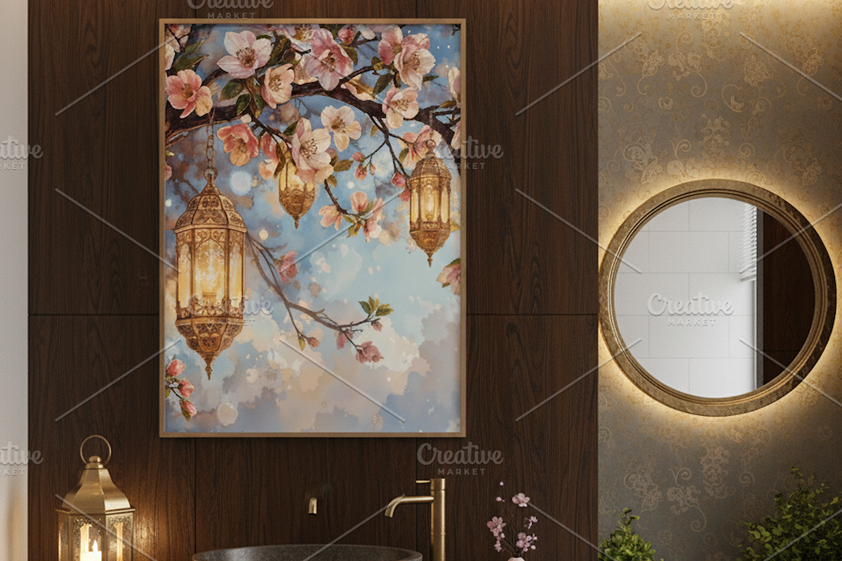 Cherry Blossom Lanterns – Watercolor, a Background Graphic by Floraphoria (Photo 3 of 11)