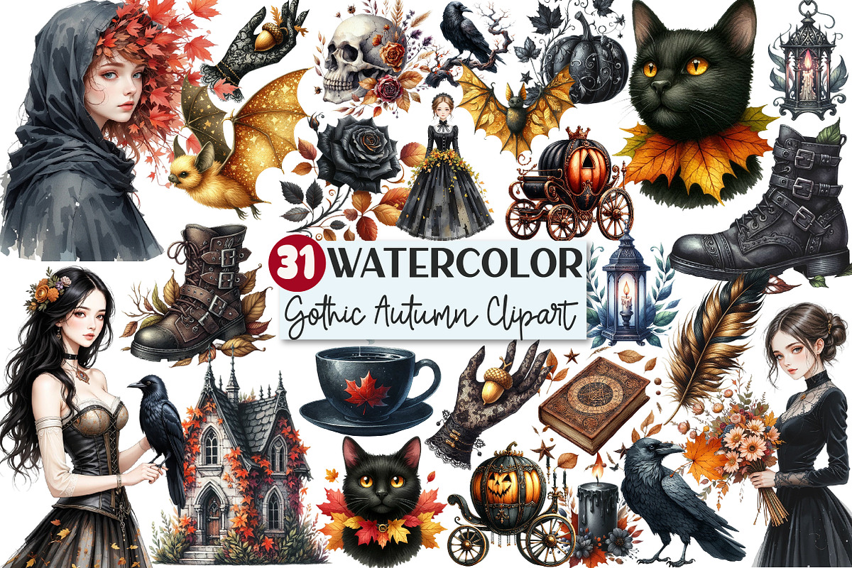 Watercolor Gothic Autumn Clipart, an Illustration by Rose Art (Photo 1 of 5)