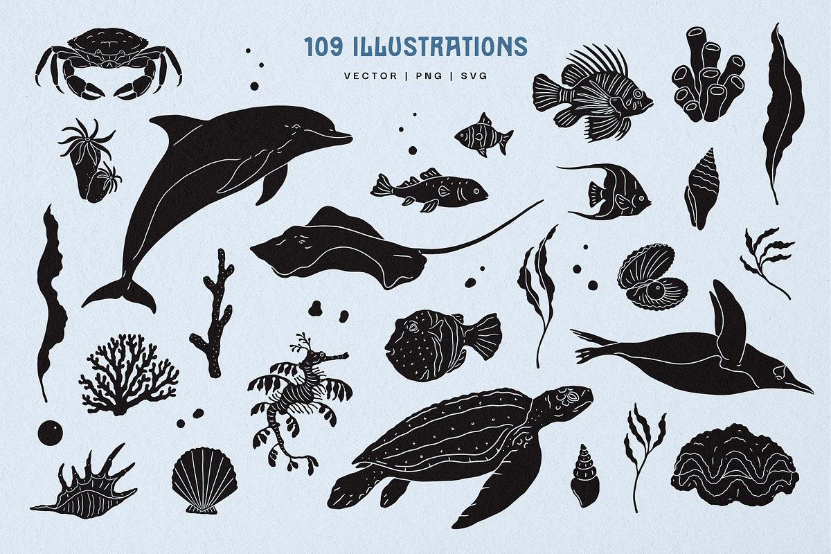Sealife Silhouettes Illustration Set, an Animal Illustration by rouxsupplyco (Photo 3 of 16)