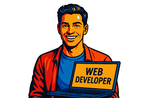 Smiling Web Developer Holding Laptop, a Technology Illustration by AlexArt