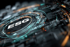 Futuristic ESG technology interface shows circular hud with data visualization, an Illustration by AS photostudio