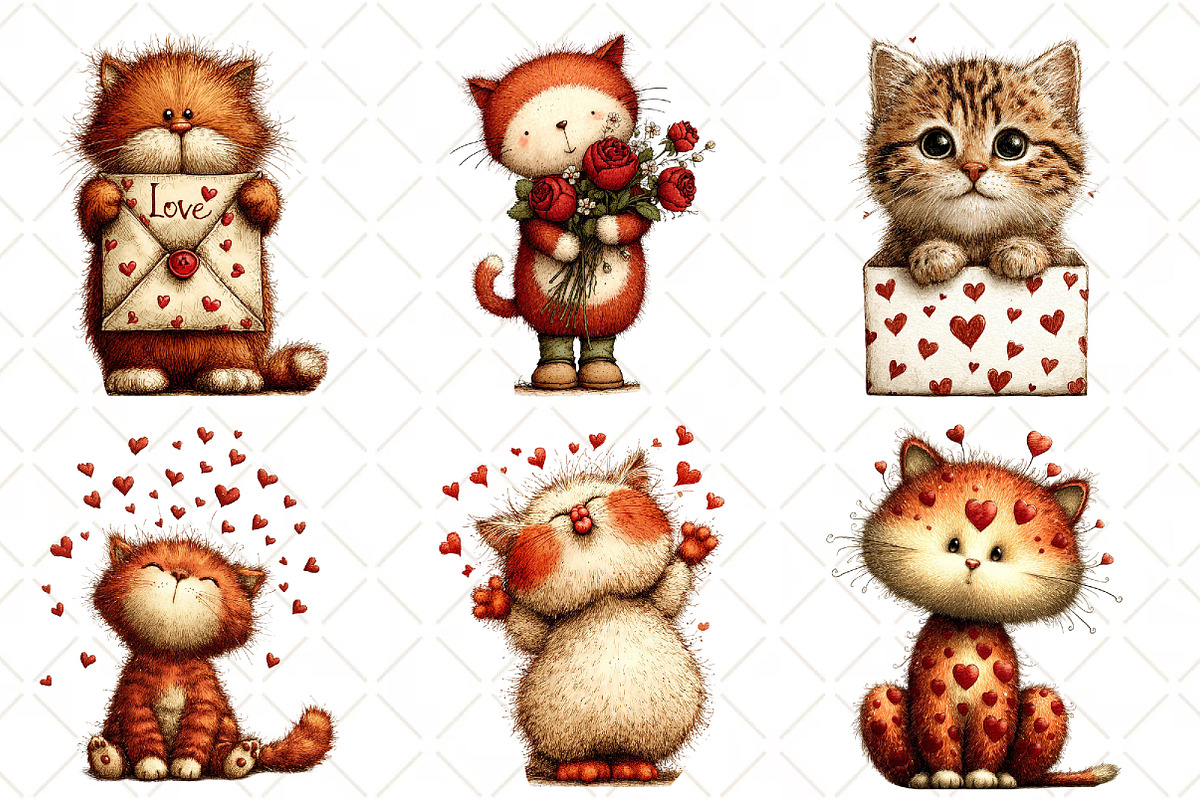 Whimsical Valentine Cat Clipart, an Illustration by Black Bird Studio (Photo 3 of 6)