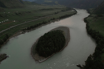 Katun river and mountains of Altai valley at sunset time, a Nature Photo by TravelFlow