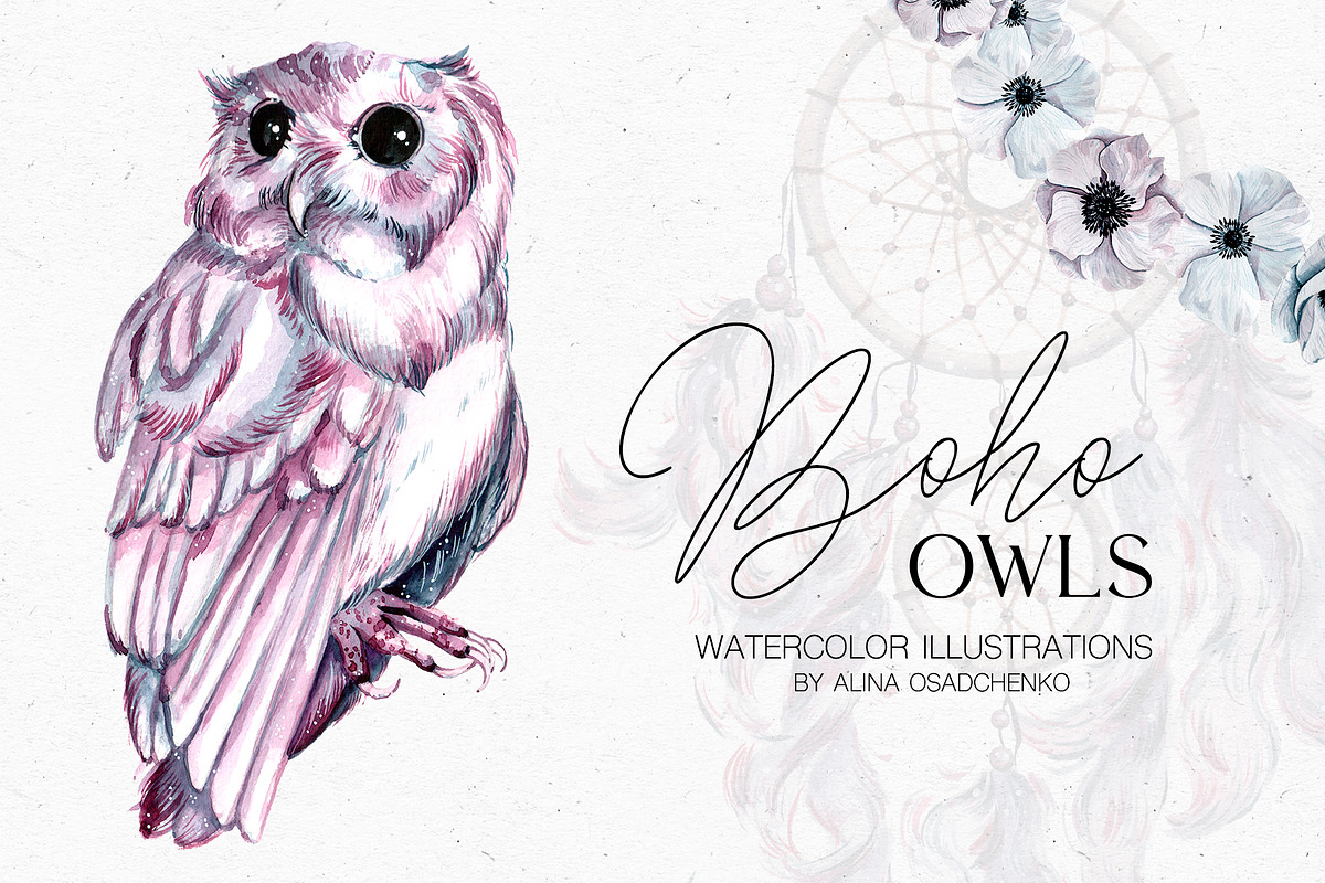 Boho Owls ultraviolet collection, an Animal Illustration by CrystalinaShop (Photo 1 of 11)