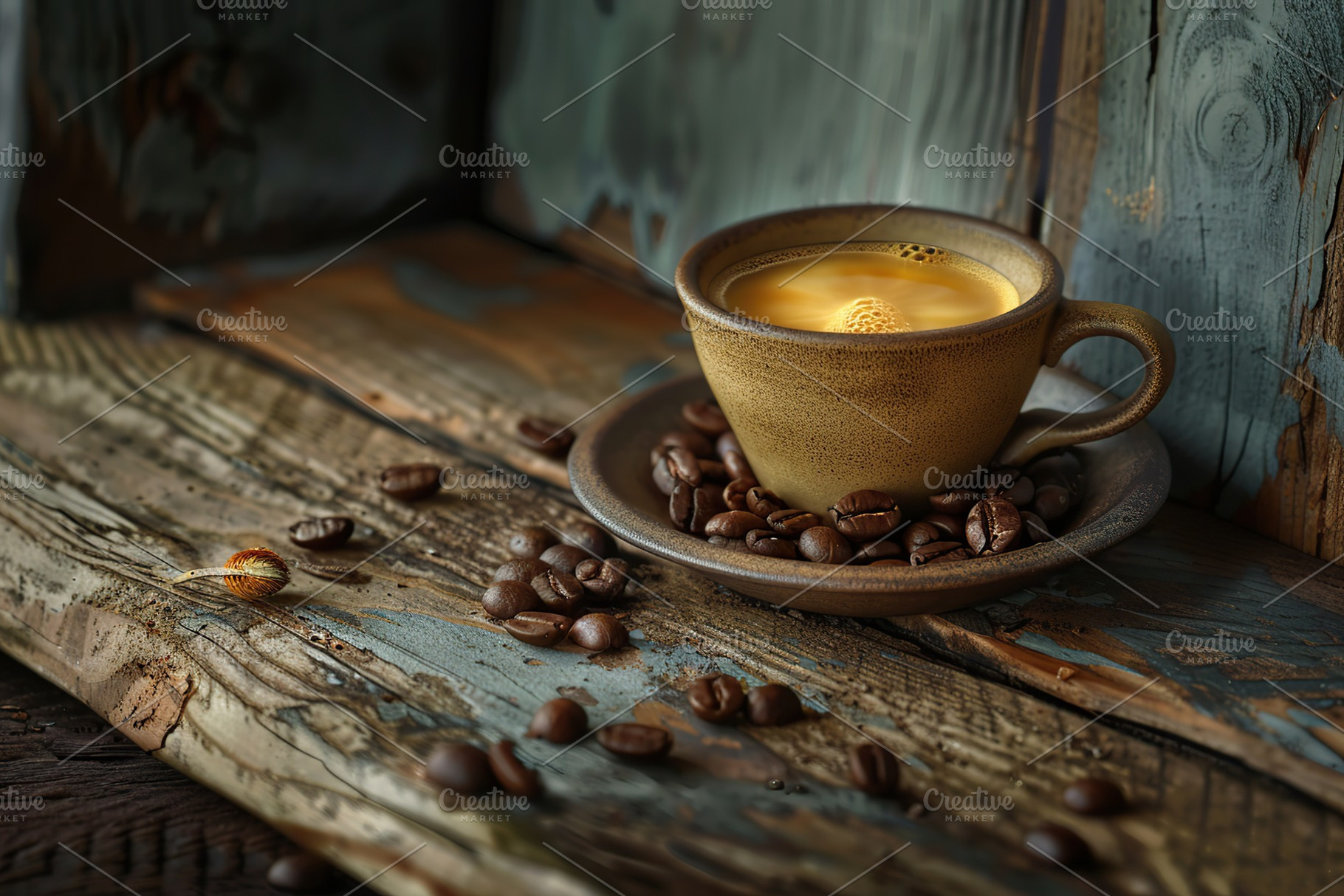Flat lay of cup of coffee and coffee beans on wooden table, a Food & Drink Photo by AlyaAnd