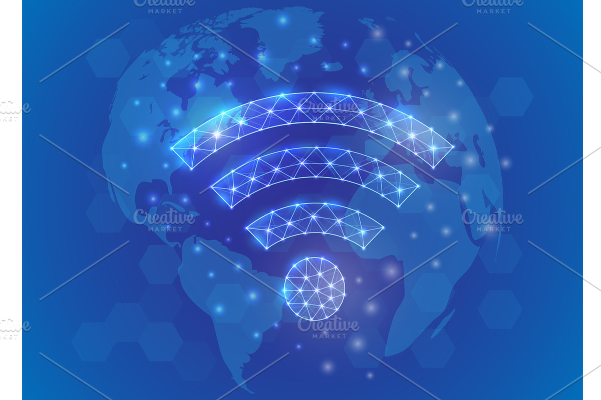 Wi-Fi low poly symbol with world map, a Technology Illustration by GraphiShop