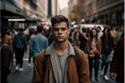 Young man portrait on crowded city, a Person Photo by Ylivdesign
