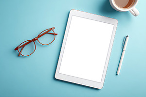 Blank digital interface on a serene workspace with glasses and a coffee cup nea, an Arts & Entertainment Photo by AlyaAnd