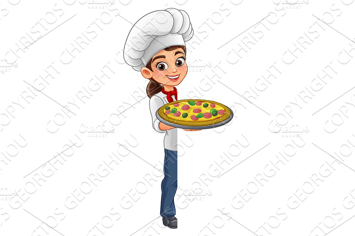 Cartoon Female Chef Peeking Holding, a Food Illustration by Christos Georghiou