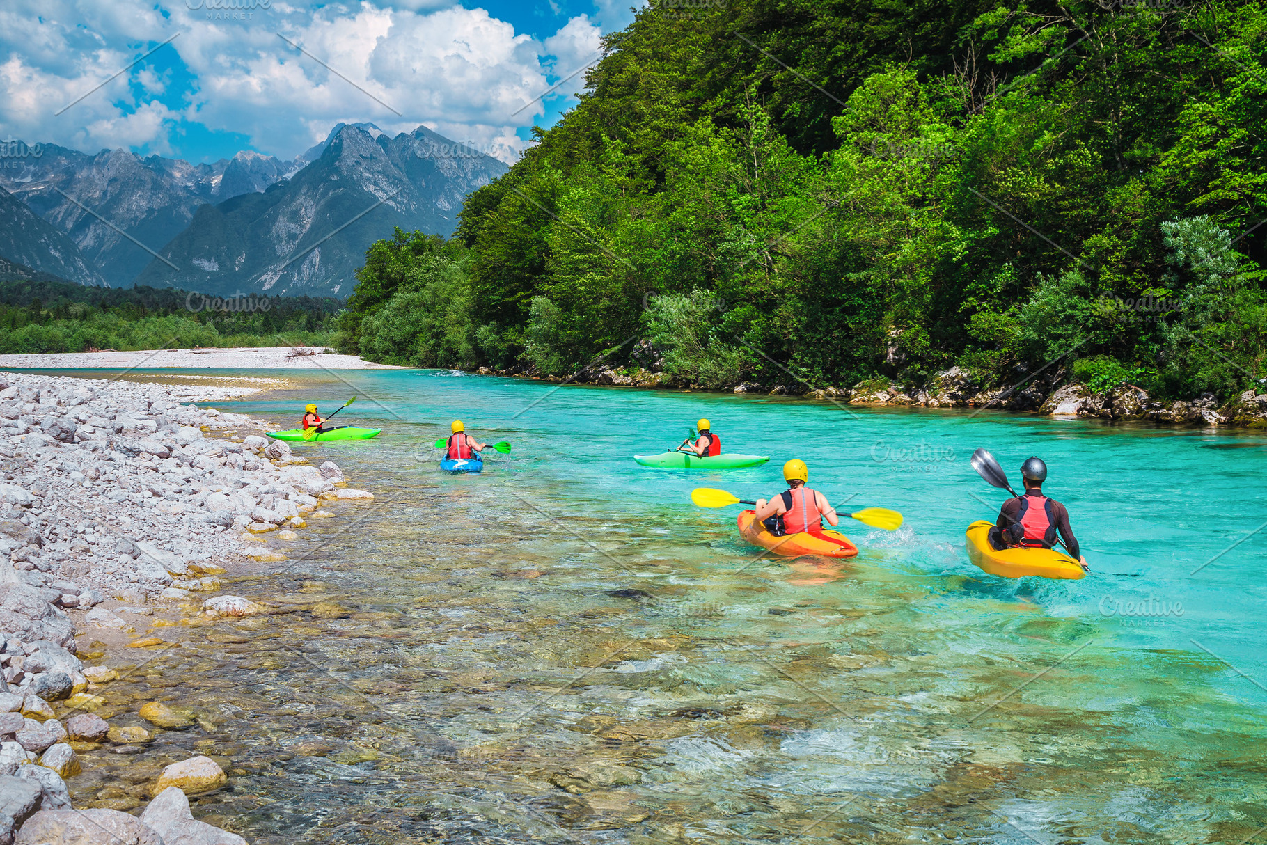 Kayakers exercising on the river, a Sports & Recreation Photo by Alpine Dreams