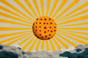 Retro sunrise illustration with bold orange, yellow, and blue ra, a Holiday Photo by José Manuel Gelpi