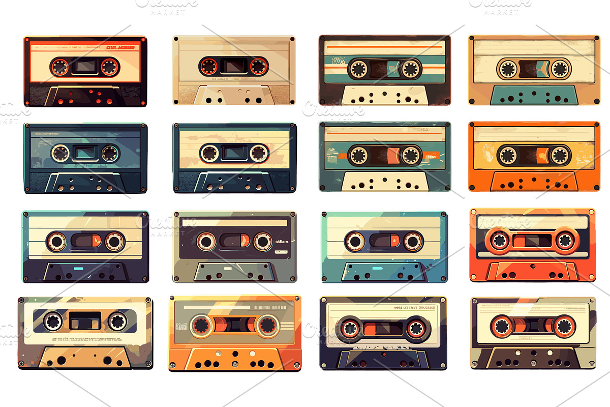 Flat retro cassette tape set, an Object Illustration by Stock-Smart-Start