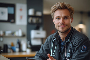Young male doctor smiles while sitti, a Photo by Tanuart